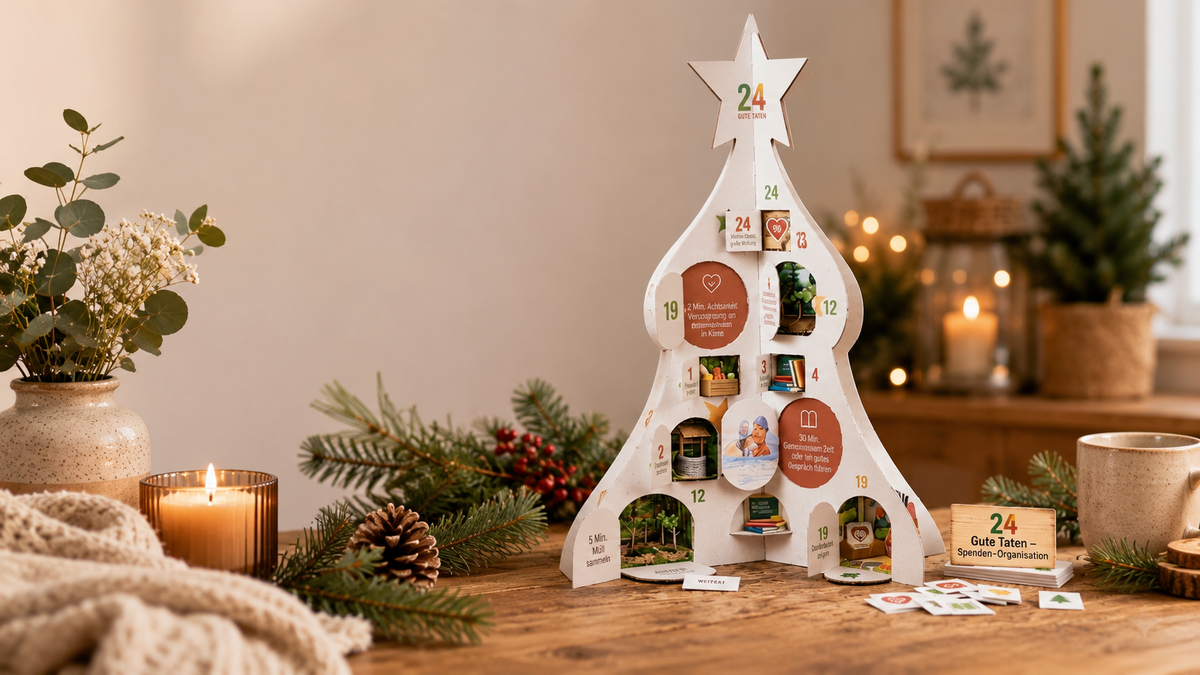 Adventskalender mit 24 Feldern für gute Taten, aufgehängt an einer Holzwand