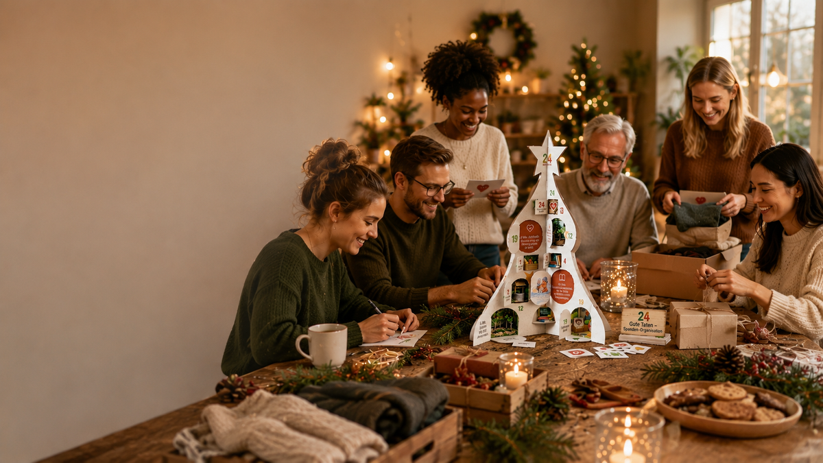 Gruppe von Menschen packt gemeinsam einen Adventskalender