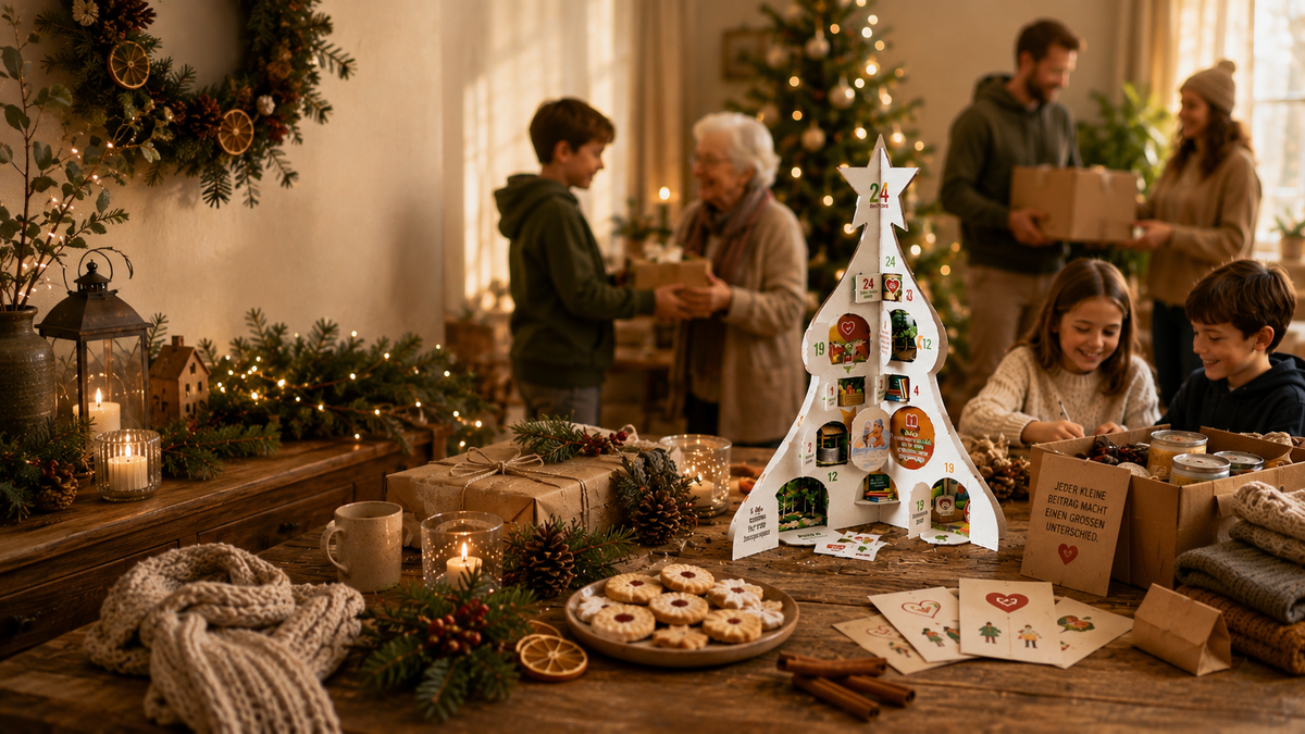 Herz aus Papier neben einer Spendenbox mit Weihnachtsdeko