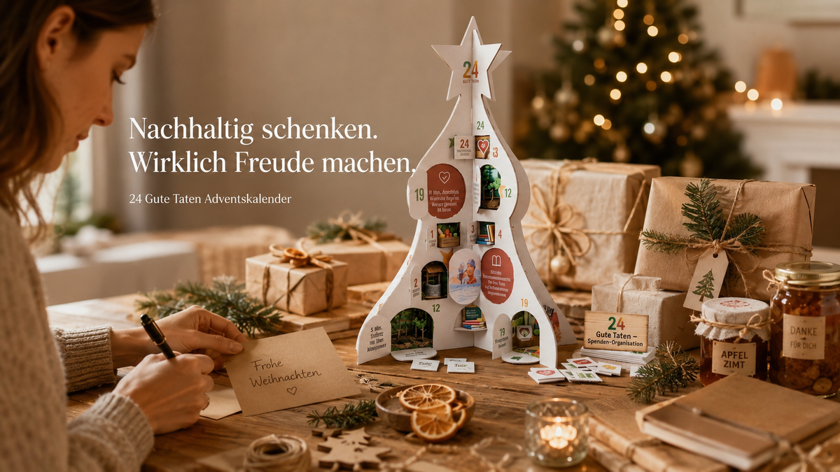 Gemütliche Weihnachtsszene mit dem „24 Gute Taten“-Adventskalender, nachhaltig verpackten Geschenken und handgeschriebener Weihnachtskarte in warmer, minimalistischer Atmosphäre.