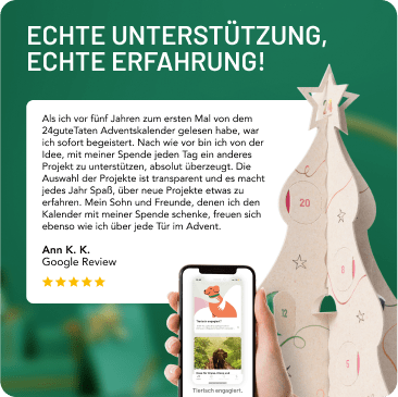 24guteTaten Adventskalender mit Nutzerbewertung, Smartphone-Ansicht und dekorativem Kalenderbaum mit nummerierten Türen.