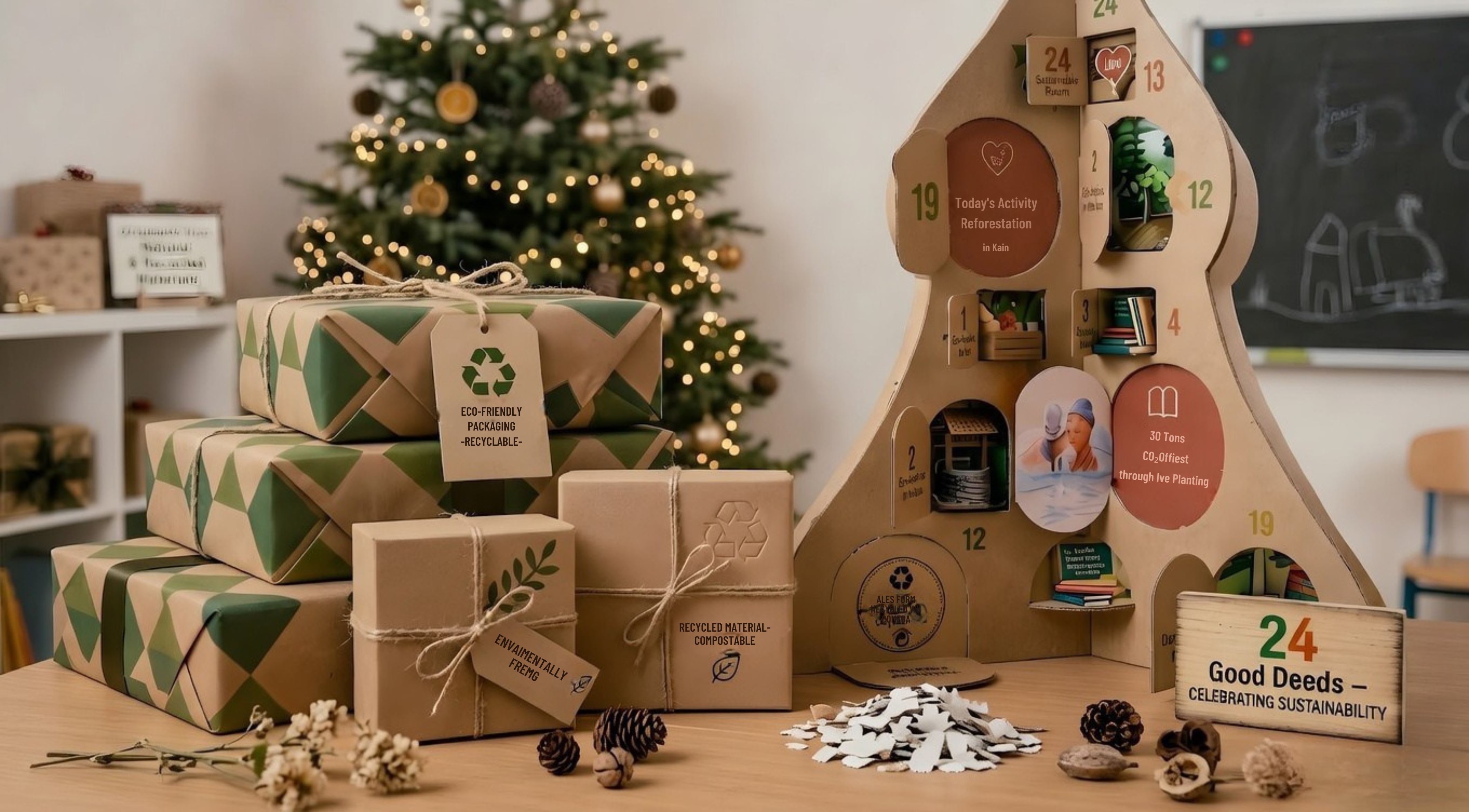 Sustainable advent calendar made from 100% recycled paper with eco-friendly packaging